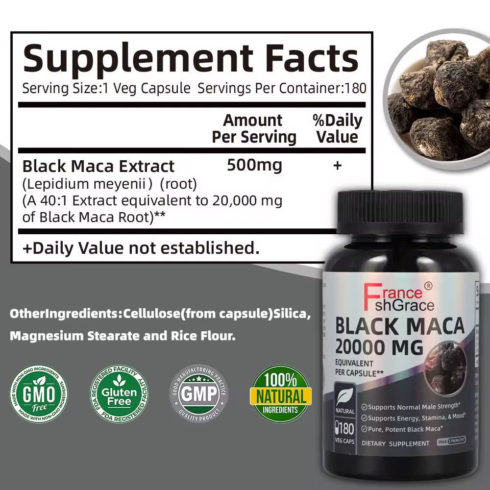 Black Maca 20 000mg – Force & Énergie & Confiance & Naturelle (180 gélules)